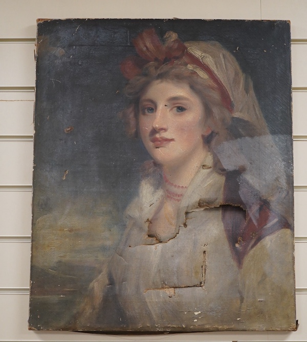 19th century oil on canvas, Portrait of a woman wearing a bonnet before a landscape, unsigned, unframed, 61 x 50cm. Condition - poor